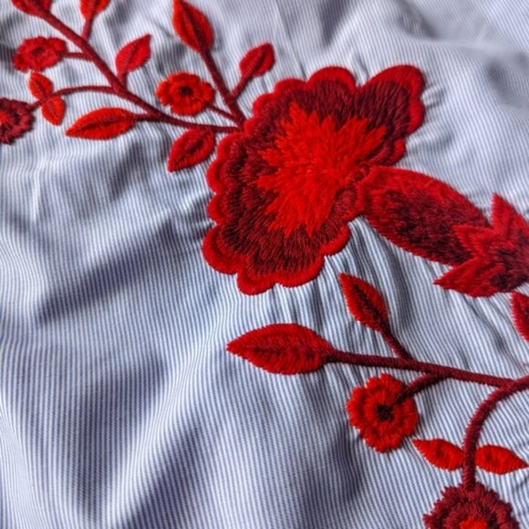 Embroidered floral tie waist vneck striped blouse - Picture 4 of 5